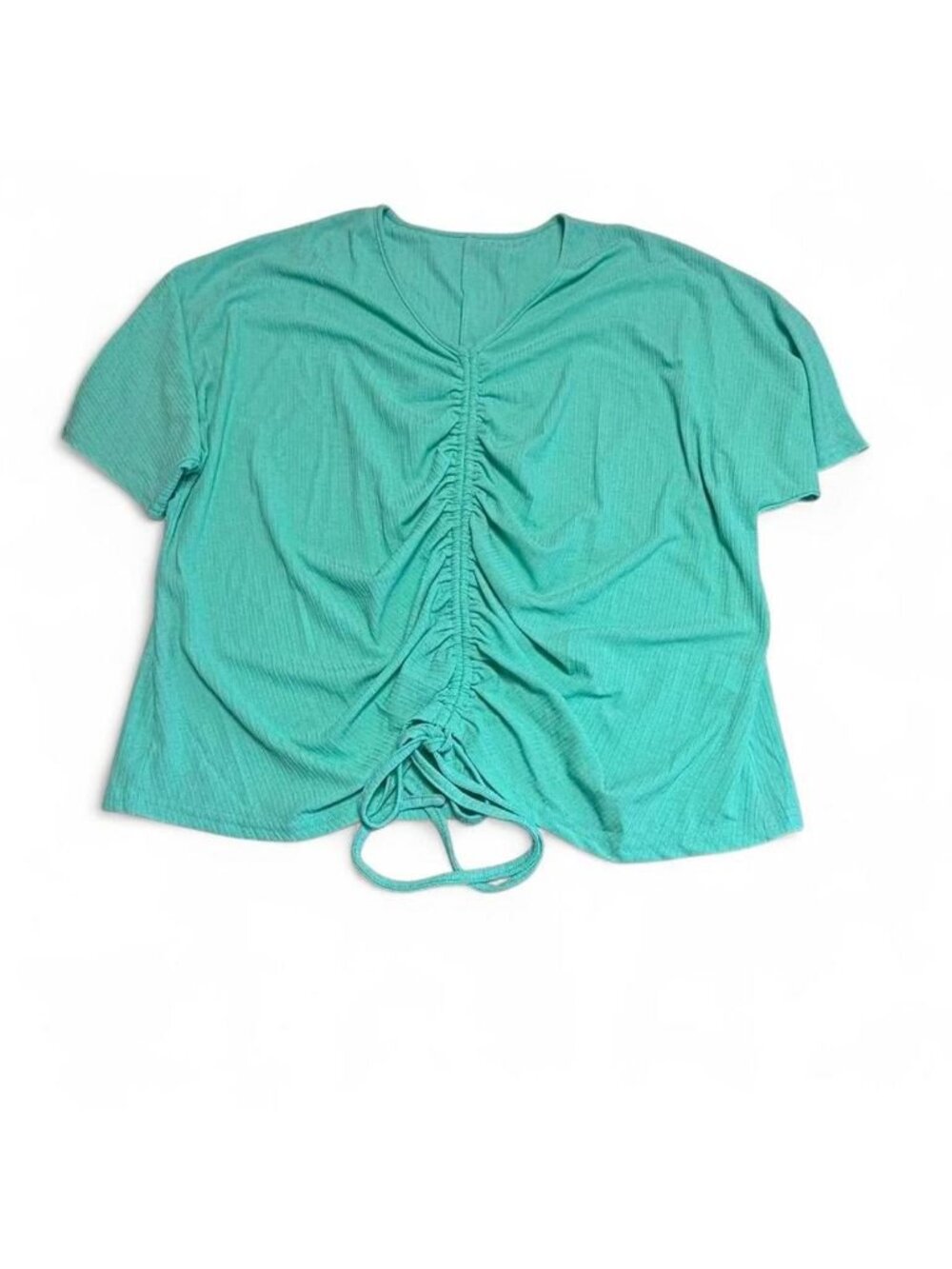 3/$20 Ruched Teal Short Sleeve Blouse Top Women’s 3X Summer Flattering Ribbed - Picture 1 of 6